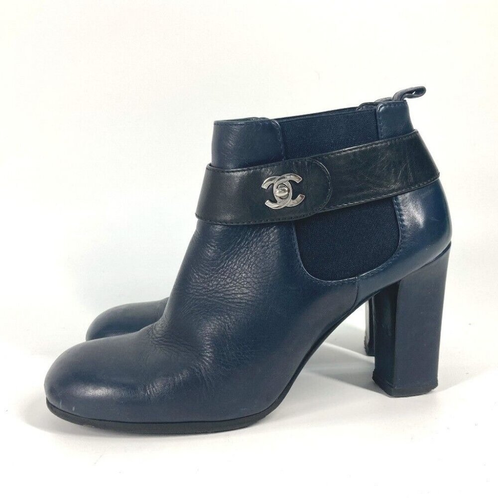 CHANEL short boots shoes heels CC CC Mark turn lock boots Leather Navy - Picture 5 of 16